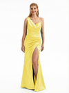 Ladies Sexy One Shoulder Mermaid Ruched Satin Long Formal Dresses Side Slit