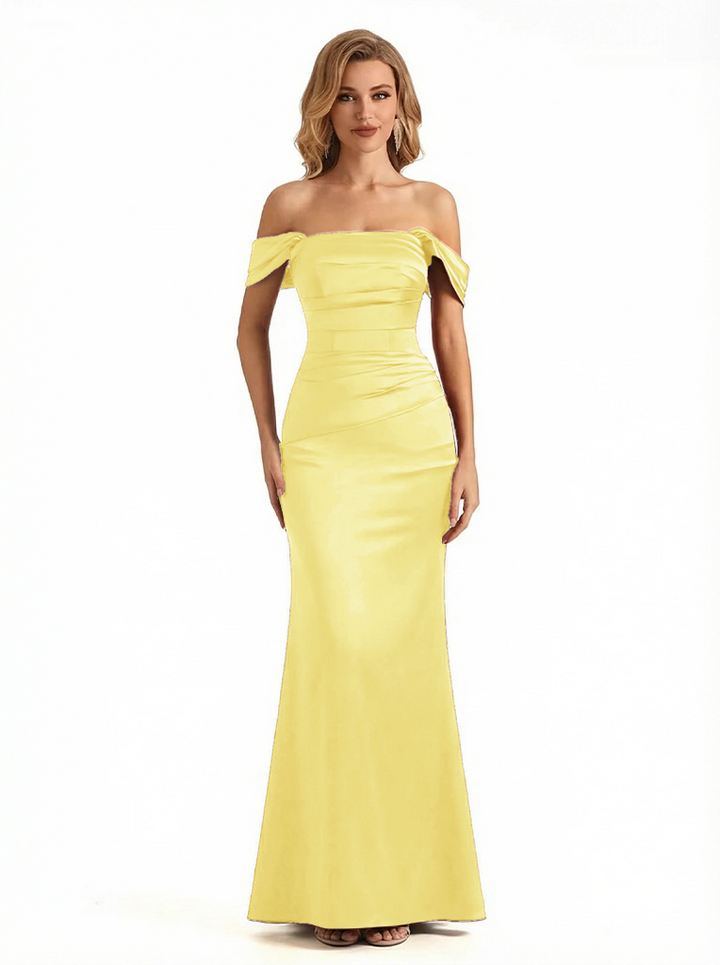 Womens' Sexy Off The Shoulder Mermaid Ruched Satin Long Formal Dresses