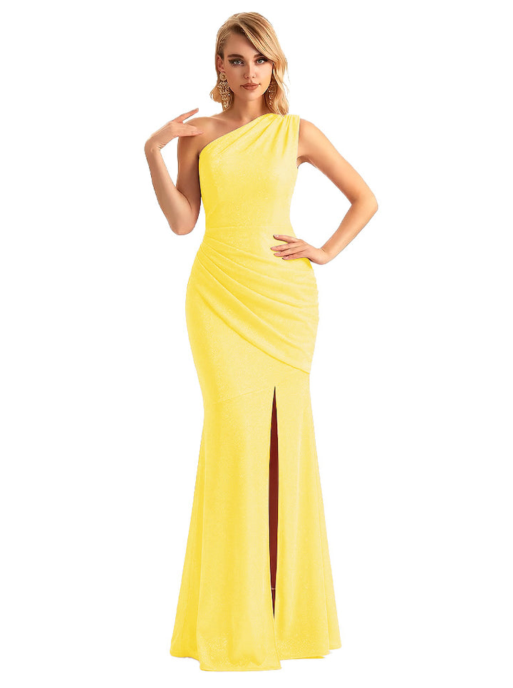 Sexy One Shoulder Mermaid Glitter Jersey Maxi Formal Evening Dresses For Women With Side Slit