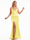 Women's Elegant Mermaid Ruched Satin Long Formal Evening Dresses Spaghetti Straps Side Slit