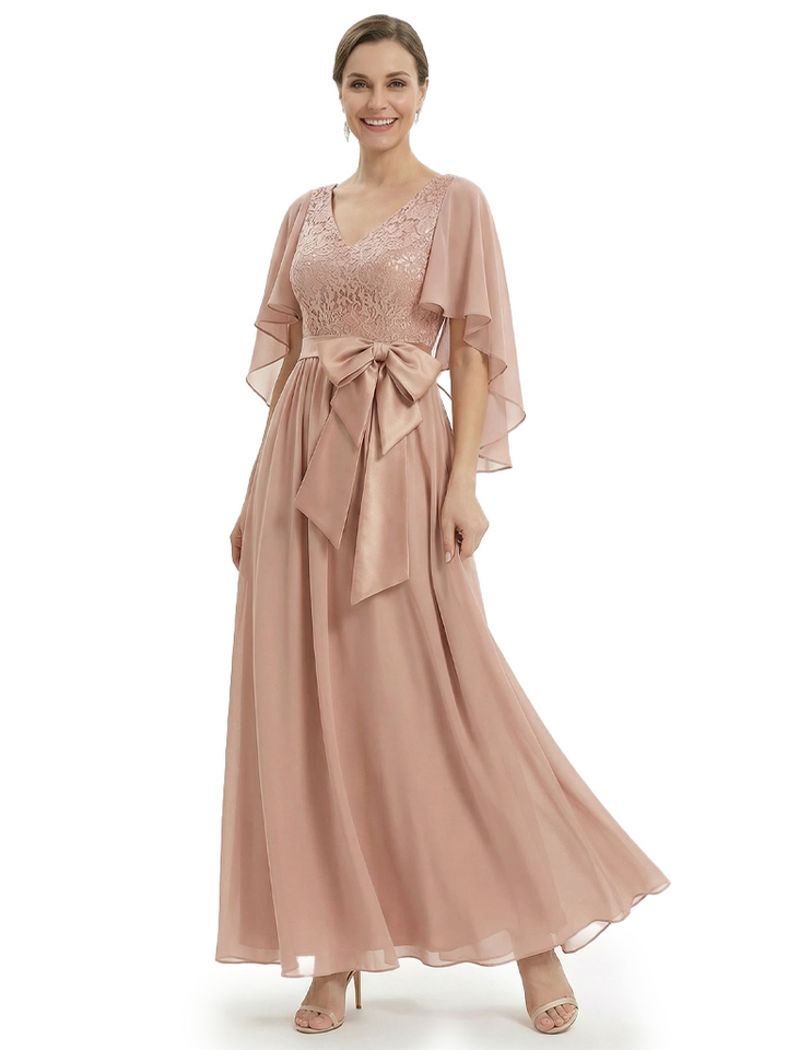 Elegant V-Neck Lace Chiffon A-Line Bow Knot Mother of The Bride Dresses