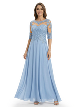 Unique Half Sleeves Lace Chiffon Overlay Floor-Length Simple Mother of the Bride Dresses