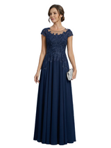 Elegant A-Line Lace Appliques Jewel Cap Sleeves Mother of The Bride Dresses