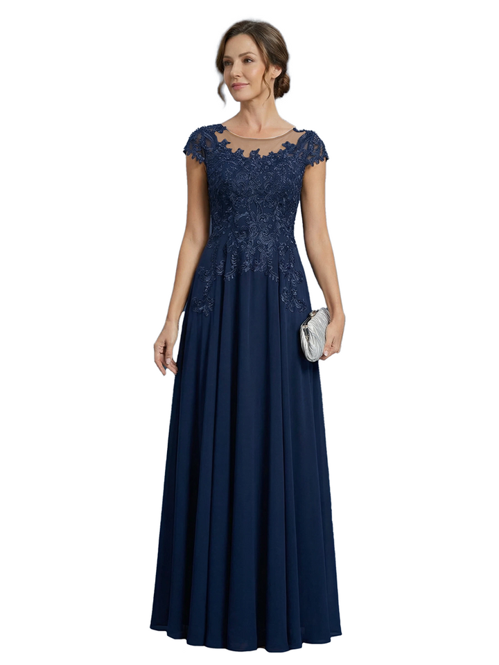 Elegant A-Line Lace Appliques Jewel Cap Sleeves Mother of The Bride Dresses