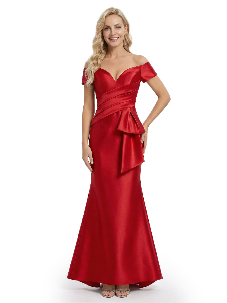 Chicsew Elegant V-Neck Off Shoulder Satin Ruffle Mermaid Mother Of The Groom Gowns