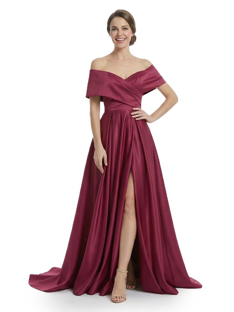 Chicsew Mother of The Groom Dresses Elegant Off the Shoulder Satin Train Gown Slit Fancy Ruched Formal Bridal Party Dress
