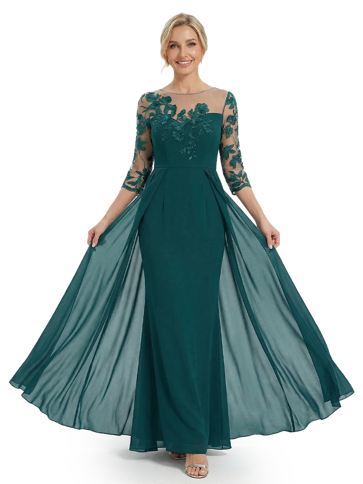 Chicsew Unique Mother of The Bride Dress Illusion Lace 3/4 Sleeves Overlay Chiffon Floor Length Flowy Elegant Formal Occasion Gown