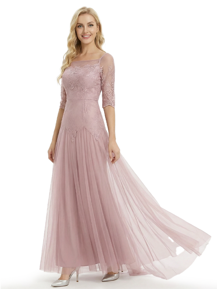 Pretty Lace Mother of the Groom Gown Chiffon Square Half Sleeves Maxi Dress