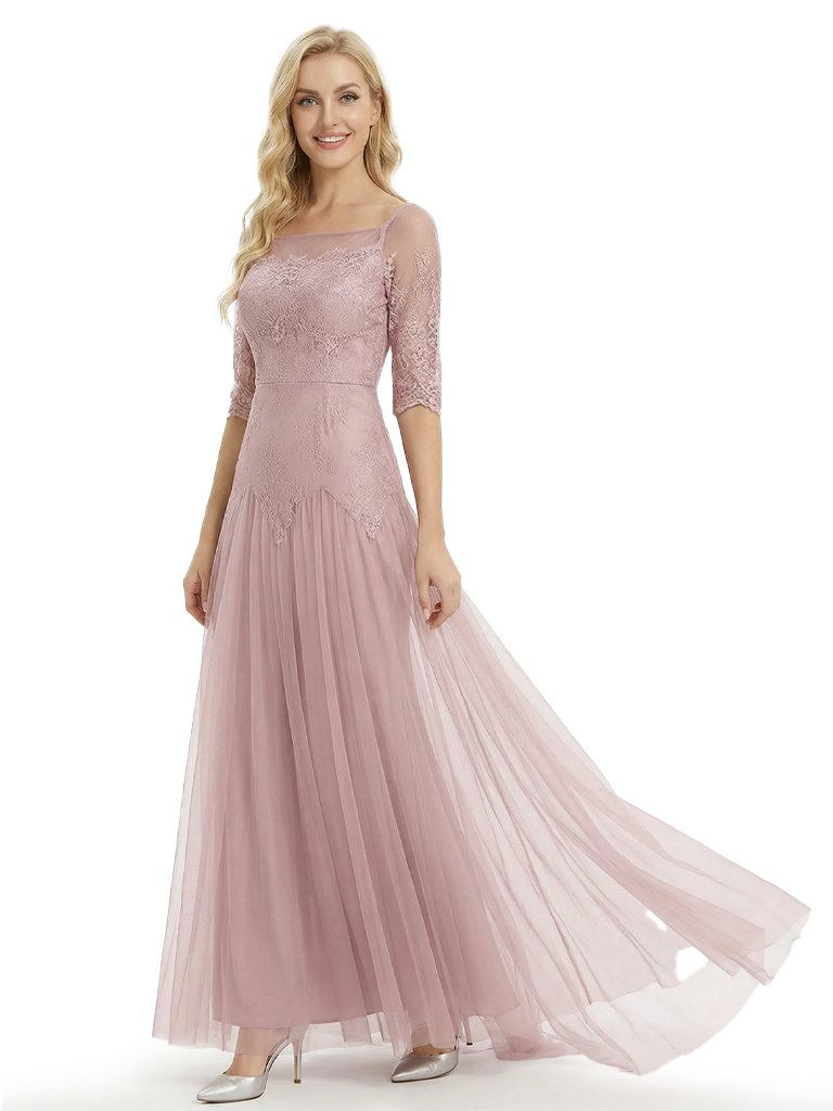 Pretty Lace Mother of the Groom Gown Chiffon Square Half Sleeves Maxi Dress