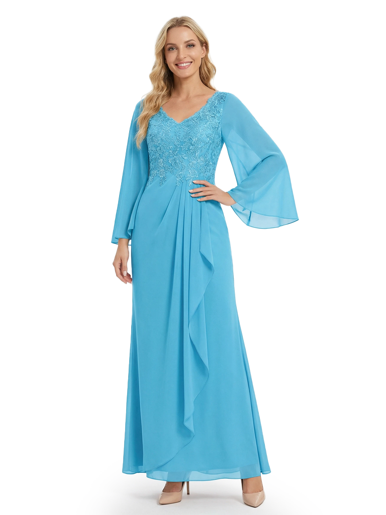 Chicsew Mother of The Groom Dresses V-Neck Long Sleeve Lace Chiffon Maxi Gown Unique Ruffled Formal Bridal Party Dress