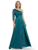Chicsew Mother of The Bride Dresses One Shoulder 3/4 Sleeve Lace Satin Maxi Gown Unique Side Slit Formal Wedding Event Attire