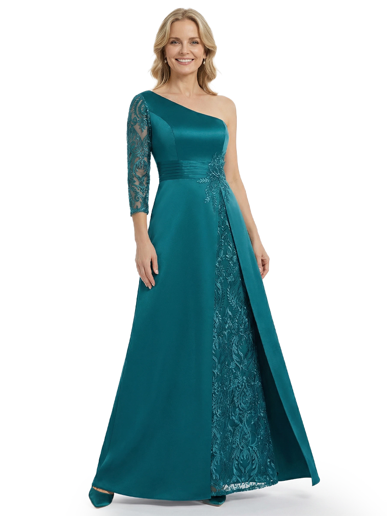 Chicsew Mother of The Bride Dresses One Shoulder 3/4 Sleeve Lace Satin Maxi Gown Unique Side Slit Formal Wedding Event Attire