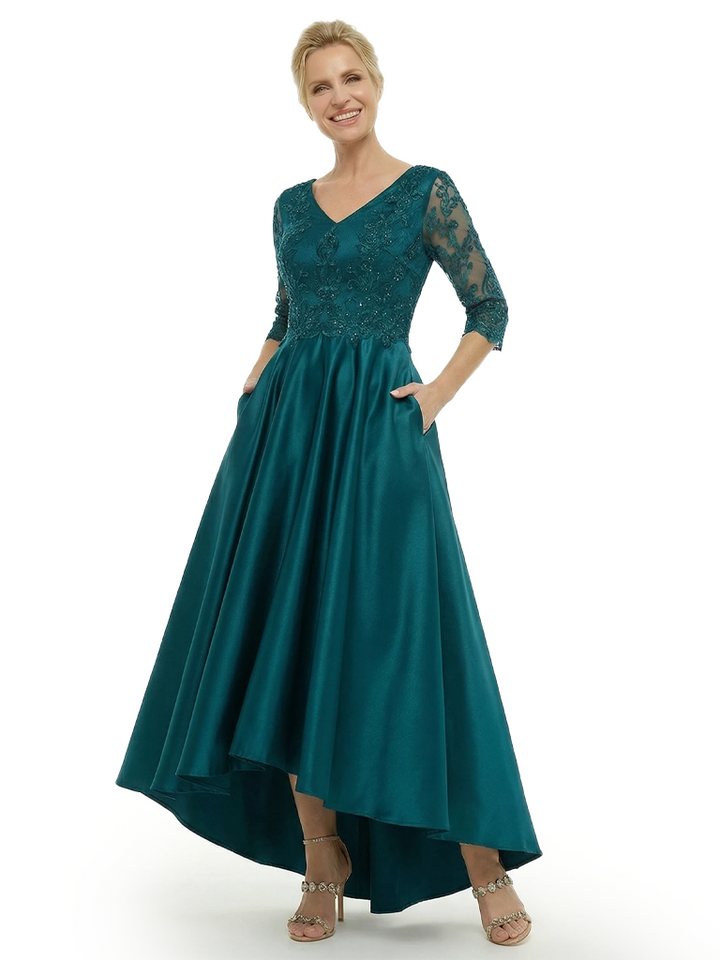 Chicsew Classy Mother of The Bride Dress V-Neck 3/4 Sleeves Beaded Bodice High-Low Satin Fabric Pockets Flowy Glamorous Formal Wedding Event Gown