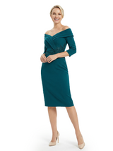 Chicsew Mother of The Groom Dresses Off The Shoulder 3/4 Sleeve Satin Sheath Midi Dress Pretty Lace Detailed Formal Bridal Party Attire