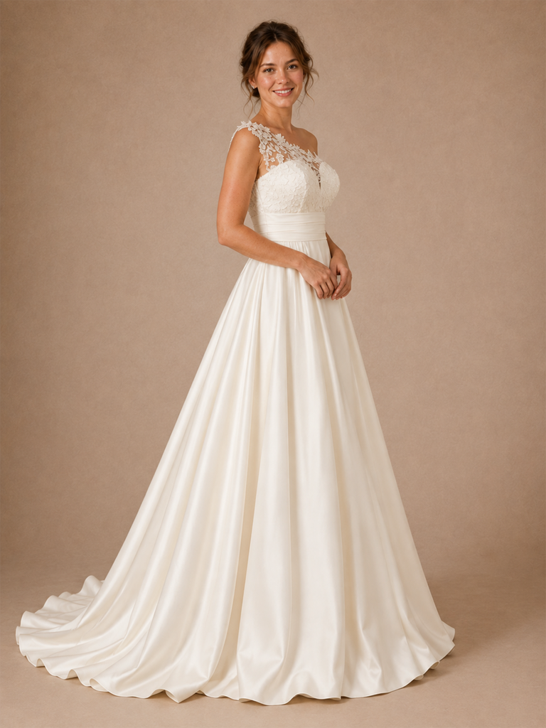 ChicSew Romantic Asymmetric One Shoulder Lace Appliques Satin A-Line Maxi Wedding Dress