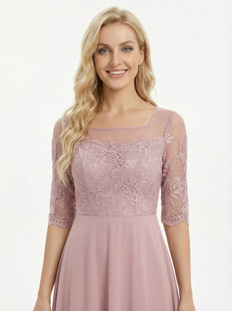 Pretty Lace Mother of the Groom Gown Chiffon Square Half Sleeves Maxi Dress
