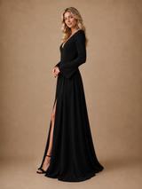 ChicSew Elegant Unique A-Line V-Neck Side Slit Crepe Long Sleeves Maxi Wedding Dresses
