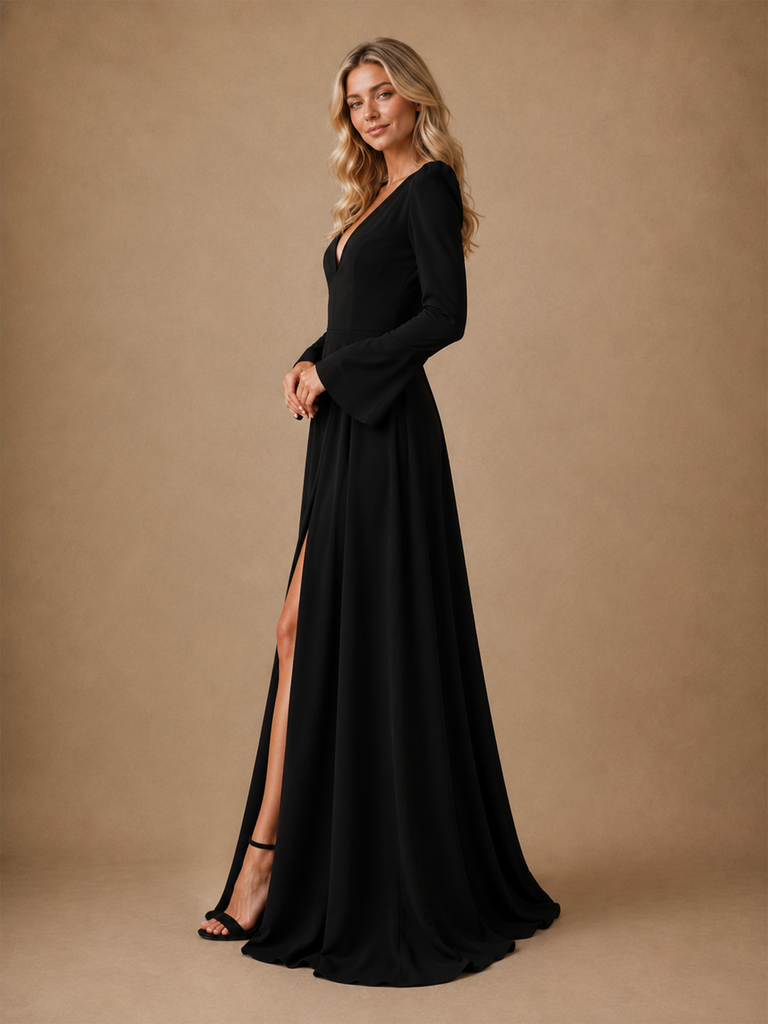 ChicSew Elegant Unique A-Line V-Neck Side Slit Crepe Long Sleeves Maxi Wedding Dresses