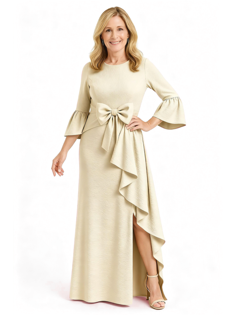 Elegant Side Slit Jewel Ruffle A-Line Crepe Long Mother Of The Groom Dress For Wedding