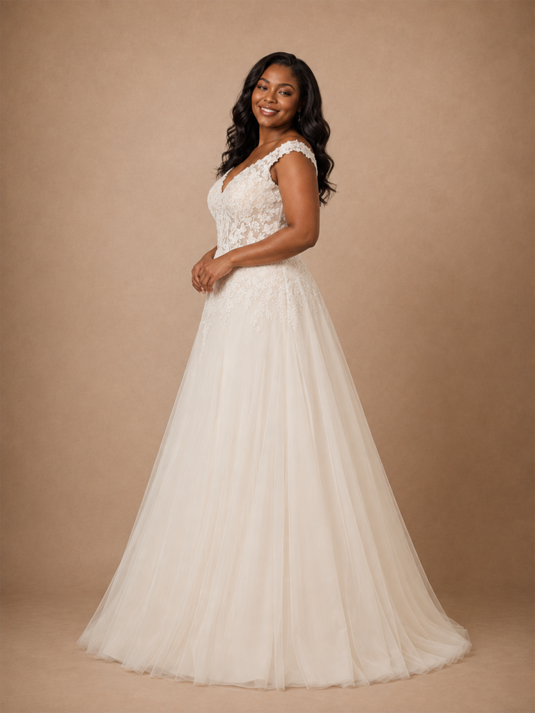 ChicSew Romantic V-Neck Off The Shoulder A-Line Lace Appliques Tulle Maxi Wedding Dress