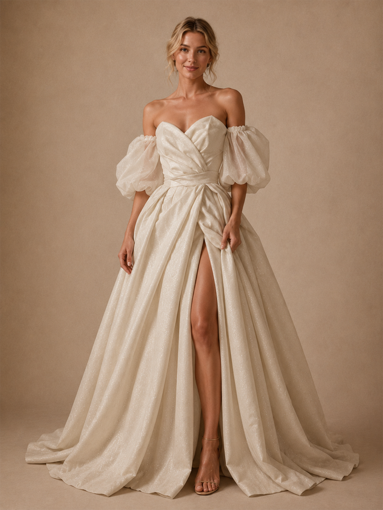 ChicSew Elegant Sweetheart Ruching A-Line Sequin Tulle Side Slit Floor-Length Wedding Dress