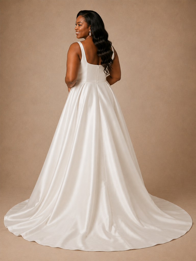 ChicSew Claasy Square Neck Satin A-Line Sleeveless Long Wedding Dress With Pleats