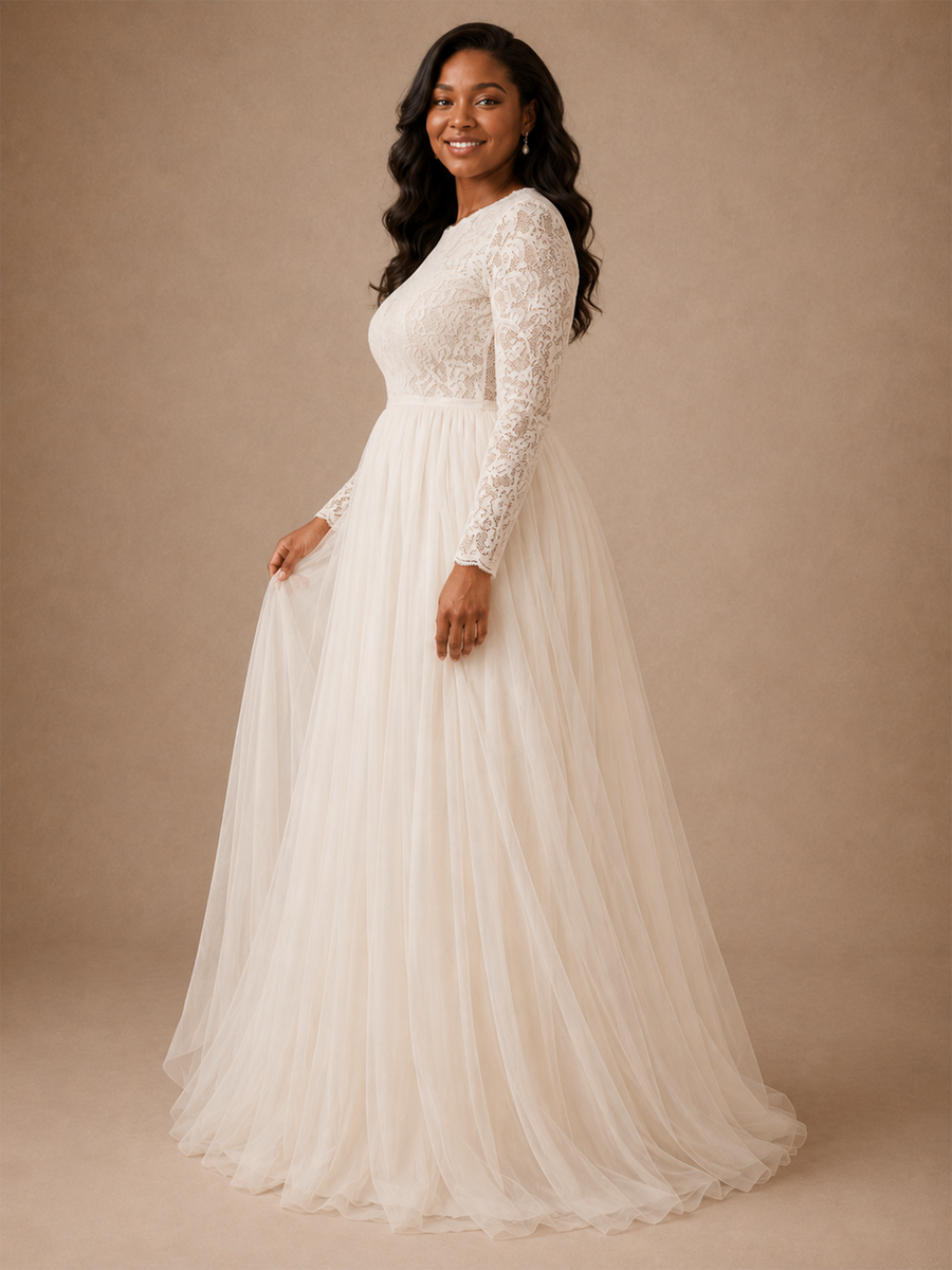 ChicSew Elegant Jewel Long Sleeves A-Line Lace Appliques Tulle Maxi Wedding Dress