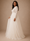 ChicSew Elegant Jewel Long Sleeves A-Line Lace Appliques Tulle Maxi Wedding Dress