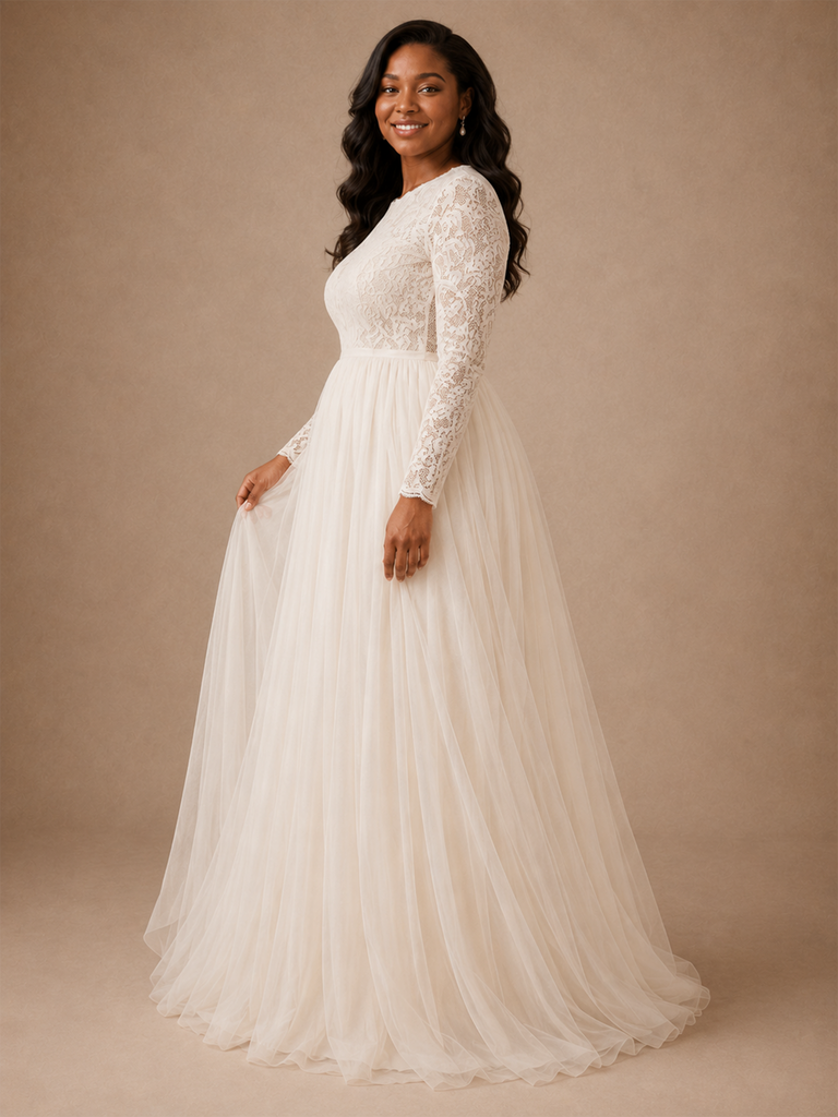 ChicSew Elegant Jewel Long Sleeves A-Line Lace Appliques Tulle Maxi Wedding Dress