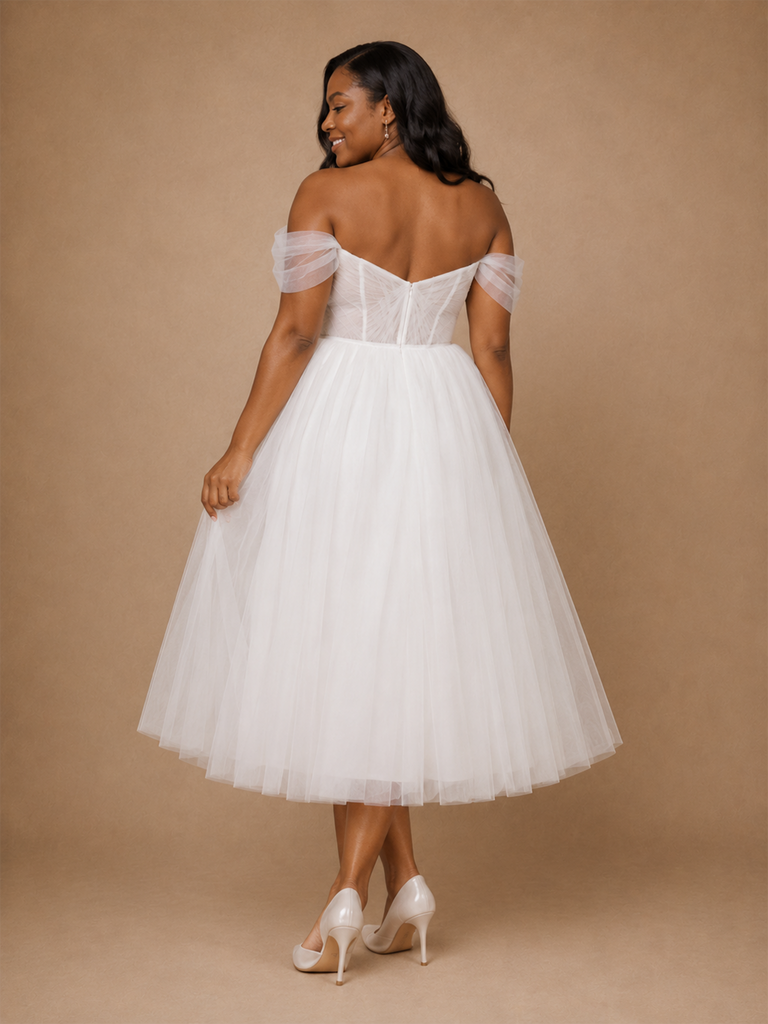 ChicSew Elegant Classy Off The Shoulder Lace Tulle A-Line Tea-Length Wedding Dress