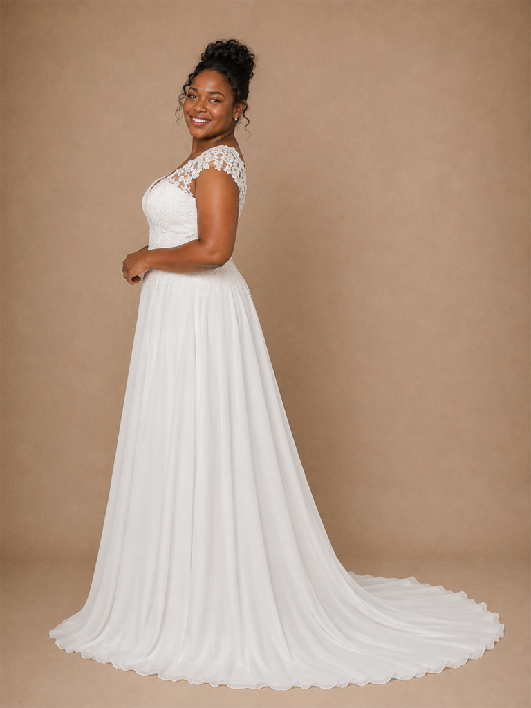 ChicSew Classy V-Neck Lace Applique Chiffon Cap Sleeves A-Line Pleated Floor-Length Wedding Dress