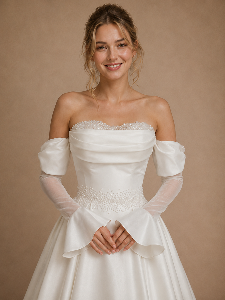 ChicSew Fancy Elegant Strapless 3/4 Sleeves A-Line Satin Maxi Wedding Dress