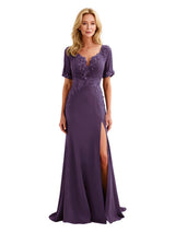 Elegant V-Neck Half Sleeves Chiffon Mermaid Long Mother of The Bride Dresses