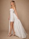 ChicSew Modern Unique Satin Strapless Sheath Ruched Floral Applique Mini-Length Wedding Dresses With Overskirt