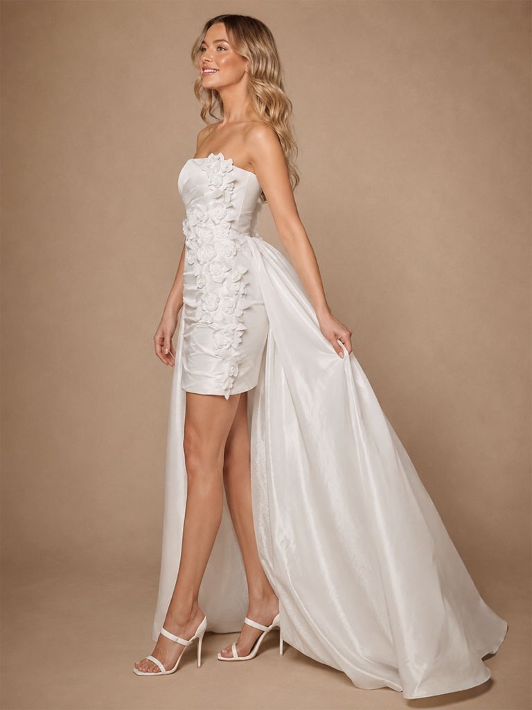 ChicSew Modern Unique Satin Strapless Sheath Ruched Floral Applique Mini-Length Wedding Dresses With Overskirt