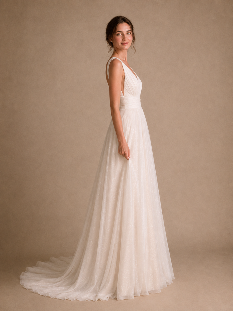 ChicSew Classy Spaghetti Straps V-Neck Sleeveless Glitter Tulle A-Line Maxi Wedding Dress