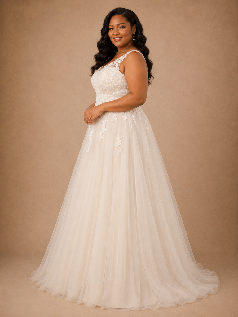 ChicSew Elegant Lace Tulle V-Neck A-Line Floor-Length Wedding Dress