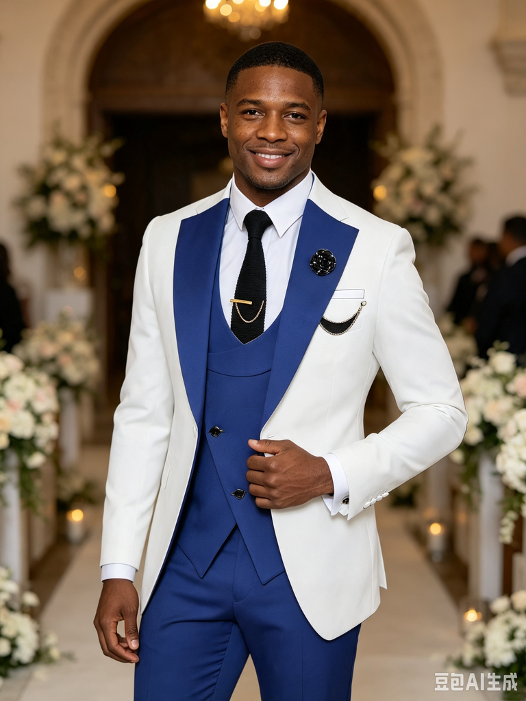 Classic 3 Piece Blue White Men's Suit with Regular Fit and Sophisticated Peak Lapel