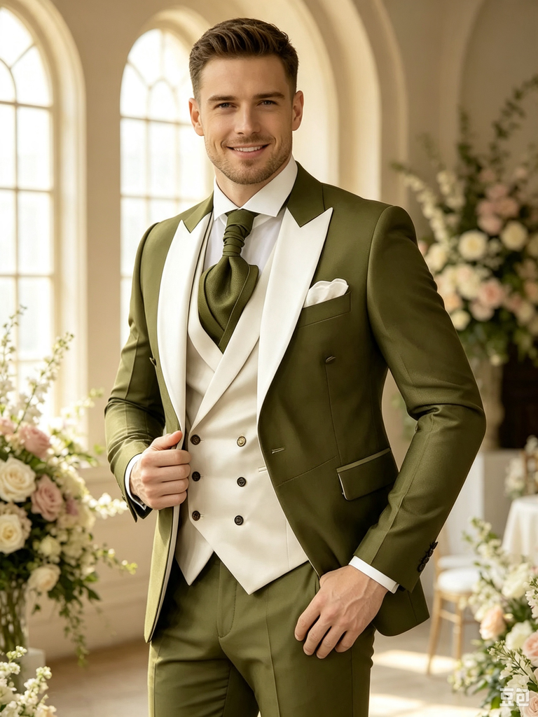Color Blocking 3 Piece Men's Suit with Regular Fit and Sophisticated Peak Lapel