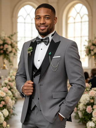 Color Blocking 3 Piece Grey Men's Suit with Regular Fit and Sophisticated Peak Lapel