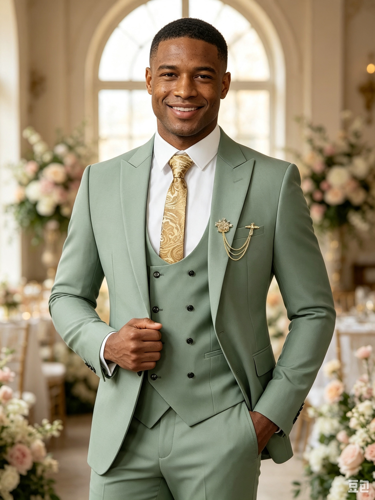 Classic 3 Piece Sage Men's Suit with Regular Fit and Sophisticated Peak Lapel