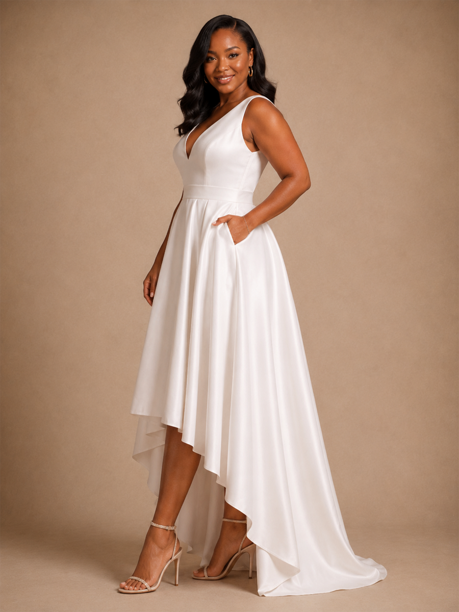 ChicSew Elegant V-Neck Sleeveless A-Line Satin High-Low Wedding Dress