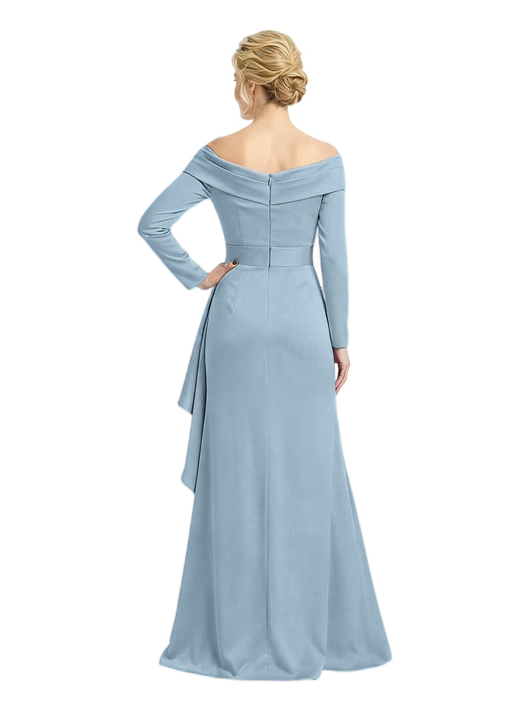Sexy Off Shoulder Side Slit Long Sleeves A-Line Satin Mother of the Groom Evening Dress