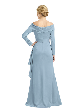 Sexy Off Shoulder Side Slit Long Sleeves A-Line Satin Mother of the Groom Evening Dress