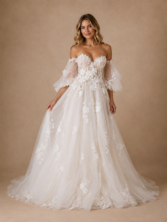 ChicSew Romantic Sweetheart Puff Sleeves Tulle Lace Appliques A-Line Maxi Wedding Dress