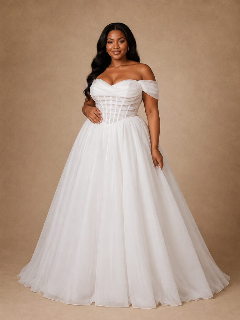 ChicSew Fancy Off The Shoulder Lace Tulle Boning A-Line Floor-Length Wedding Dress