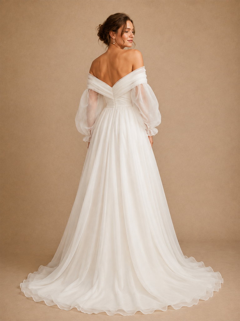 ChicSew Elegant Off Shoulder Long Sleeves Tulle A-Line Maxi Wedding Dress