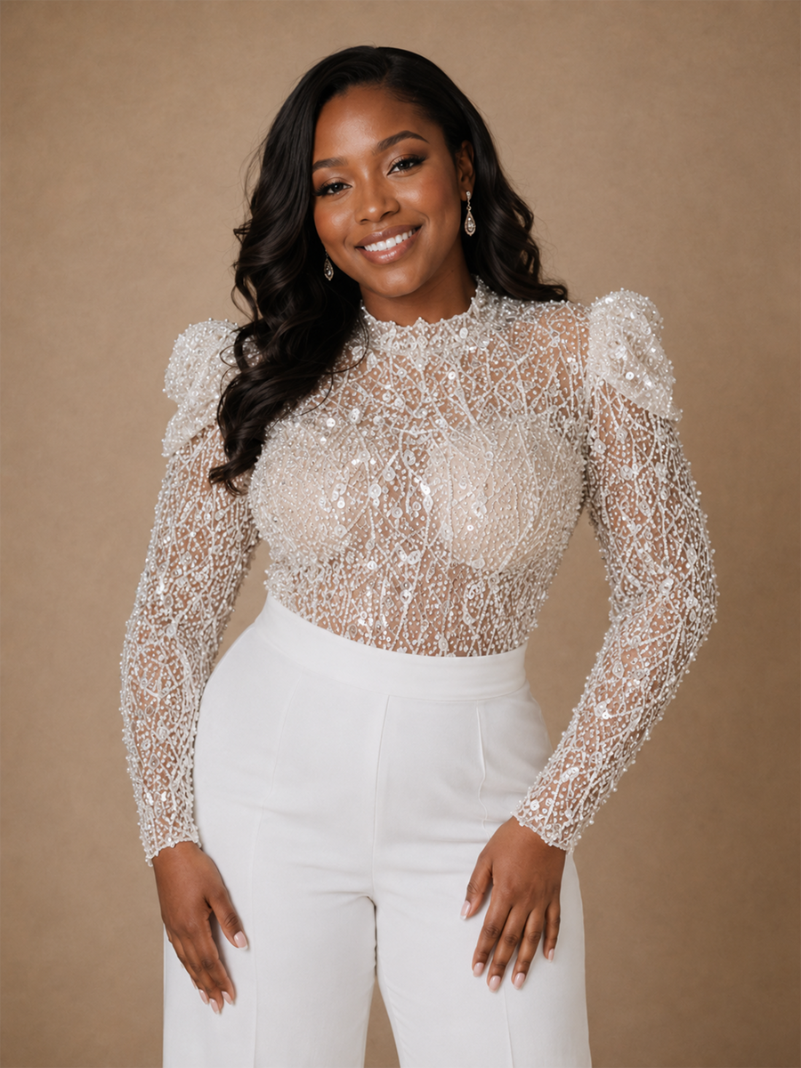 ChicSew Modern High Neck Long Sleeves Lace Crepe Floor-Length Wedding Pant Suit With Sequin