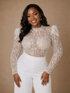 ChicSew Modern High Neck Long Sleeves Lace Crepe Floor-Length Wedding Pant Suit With Sequin