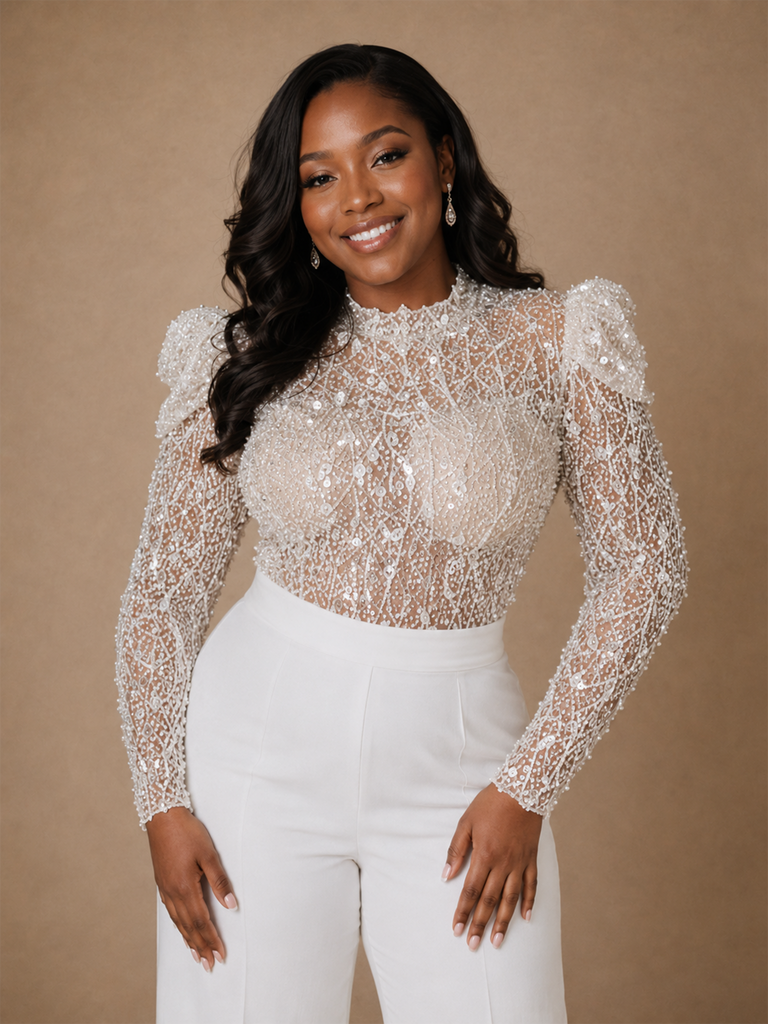 ChicSew Modern High Neck Long Sleeves Lace Crepe Floor-Length Wedding Pant Suit With Sequin
